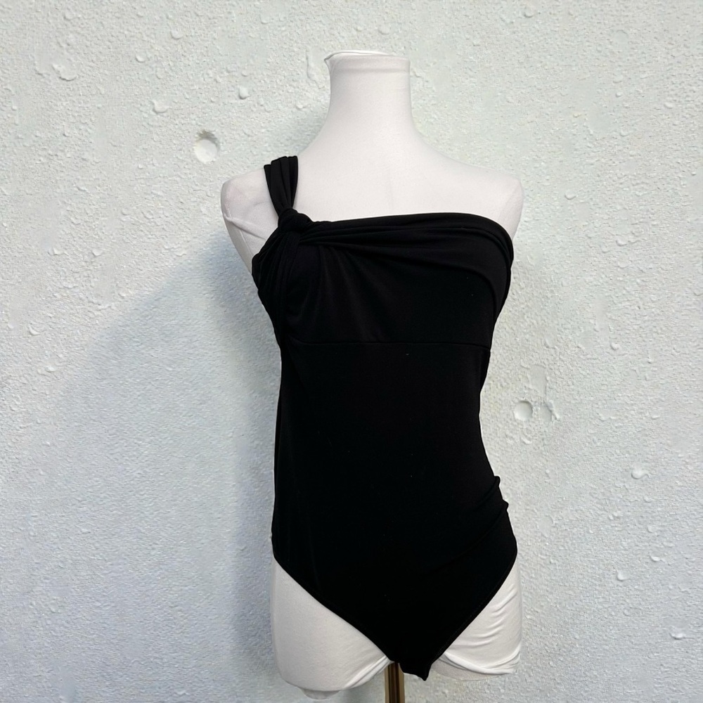 Vintage Bebe Black One-Shoulder Bodysuit | Y2K Minimal Club Top XS